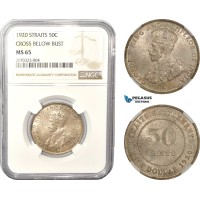 AD993, Straits Settlements, George V, 50 Cents 1920, Silver, Cross below bust,  NGC MS65