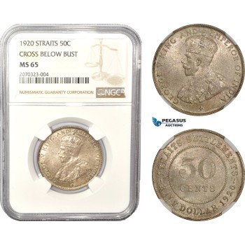 AD993, Straits Settlements, George V, 50 Cents 1920, Silver, Cross below bust,  NGC MS65