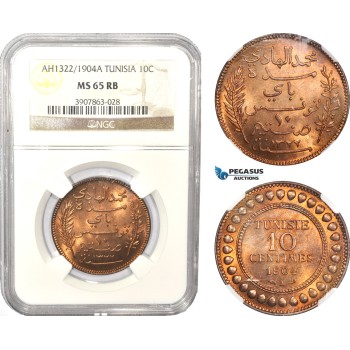 AD996, Tunisia, French Protectorate, 10 Centimes AH1322 (1904) -A, Paris, NGC MS65RB