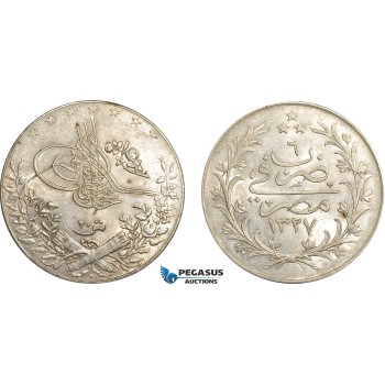AE016, Ottoman Empire, Egypt, Mehmed Reshad V, 20 Piastres AH1327/6-H, Heaton, Silver, Lustrous AU-UNC (Lightly cleaned)