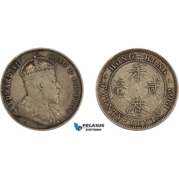 AE032, Hong Kong, Edward VII, 20 Cents 1902, London, Silver, Toned VF