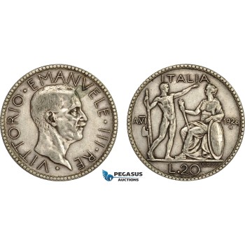 AE043, Italy, Vitt. Emanuele III, 20 Lire 1928-R, Rome, Silver, VF