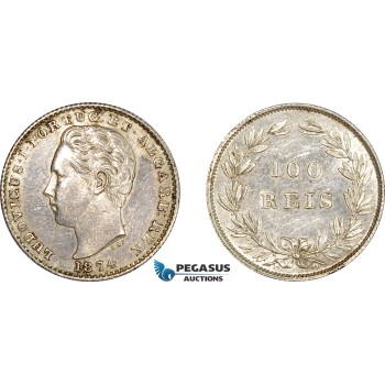 AE051, Portugal, Louis I, 100 Reis 1874, Lisbon, Silver, Cleaned XF AE051, Portugal, Louis I, 100 Reis 1874, Lisbon, Silver, Cleaned XF