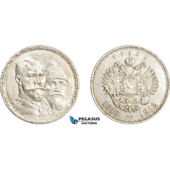 AE056, Russia, Nicholas II, Rouble 1913 (Romanov Dynasty) St. Petersburg, Silver, Scratches, Cleaned VF-XF