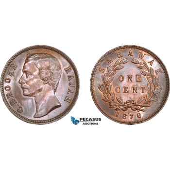 AE057, Sarawak, C. Brooke Rajah, 1 Cent 1870, Cleaned AU-UNC
