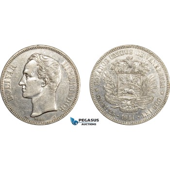 AE063, Venezuela, 5 Bolivares 1911, Paris, Silver, Cleaned XF