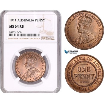 AE065, Australia, George V, 1 Penny 1911, NGC MS64RB