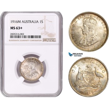 AE066, Australia, George V, 1 Shilling 1916-M, Melbourne, Silver, NGC MS63+