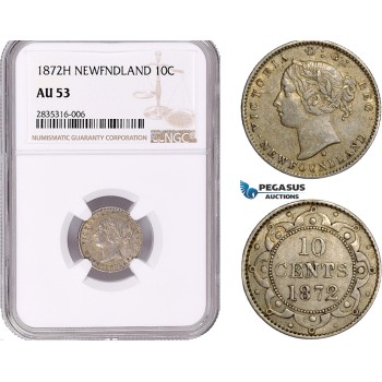 AE071, Canada, Newfoundland, Victoria, 10 Cents 1872-H, Heaton, Silver, NGC AU53