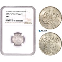 AE090, Egypt, Occupation Coinage, 2 Piastres AH1335 /1920-H, Heaton, Silver, NGC MS61