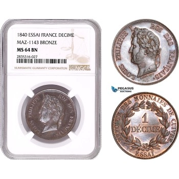 1840 Essai France Décime ブロンズ MS 64 BN