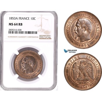 AE104, France, Napoleon III, 10 Centimes 1853-A, Paris, NGC MS64RB
