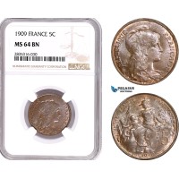 AE107, France, Third Republic, 5 Centimes 1909, NGC MS64BN