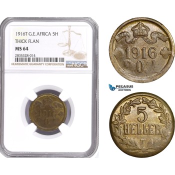 AE114, German East Africa (DOA) 5 Heller 1916-T, Tabora, Thick Flan, NGC MS64, Top Pop!