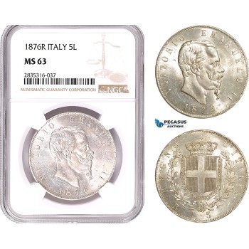 AE123, Italy, Vitt. Emanuele II, 5 Lire 1876-R, Rome, Silver, NGC MS63