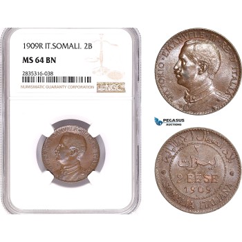 AE125, Italian Somaliland, Vitt. Emanuele III, 2 Bese 1909-R, Rome, NGC MS64BN