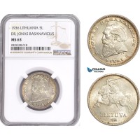 AE130, Lithuania, 5 Litai 1936, Silver "Dr. Jonas Basanavicius" NGC MS63 AE130, Lithuania, 5 Litai 1936, Silver "Dr. Jonas Basanavicius" NGC MS63