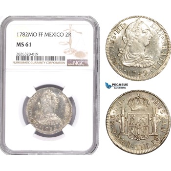 AE131, Mexico, Charles IV, 2 Reales 1782 Mo FF, Mexico City, Silver, NGC MS61