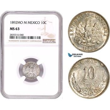 AE132, Mexico, 10 Centavos 1892 Mo M, Mexico City, Silver, NGC MS63