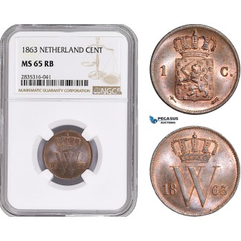 AE134, Netherlands, Willem III, 1 Cent 1863, Utrecht, NGC MS65RB, Pop 1/0