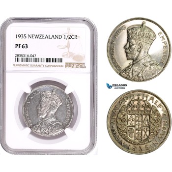 AE140, New Zealand, George V, 1/2 Crown 1935, London, Silver, NGC PF63