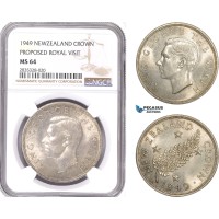 AE141, New Zealand, George VI, Crown 1949, Silver, Proposed Royal Visit, NGC MS64
