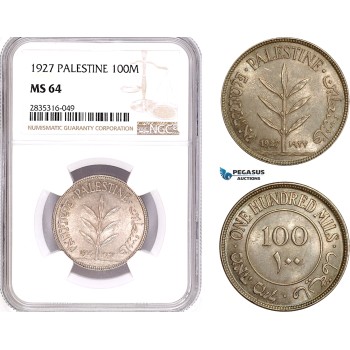 AE143, Palestine, 100 Mils 1927, London, Silver, NGC MS64