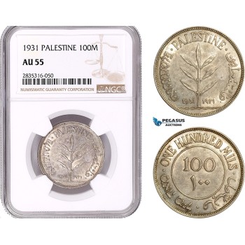 AE144, Palestine, 100 Mils 1931, London, Silver, NGC AU55, Rare!