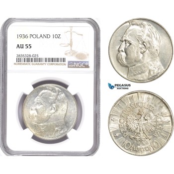 AE149, Poland, 10 Zlotych 1936, Warsaw, Silver, NGC AU55
