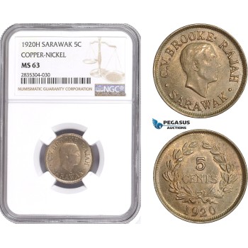 AE168, Sarawak, C.V. Brooke Rajah, 1 Cent 1920-H, Heaton, Copper-Nickel, NGC MS63, Rare!