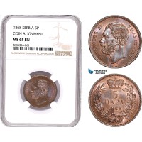 AE170, Serbia, M. Obrenovic III, 5 Para 1868, Coin Alignment, NGC MS65BN, Rare!
