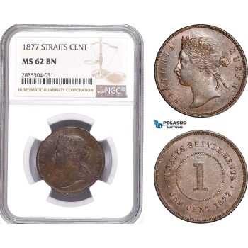 AE178, Straits Settlements, Victoria, 1 Cent 1877, NGC MS62BN, Pop 1/1, Rare!