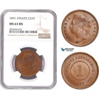 AE180, Straits Settlements, Victoria, 1 Cent 1891, NGC MS63BN, Pop 3/0