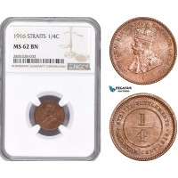 AE182, Straits Settlements, George V, 1/4 Cent 1916, NGC MS62BN