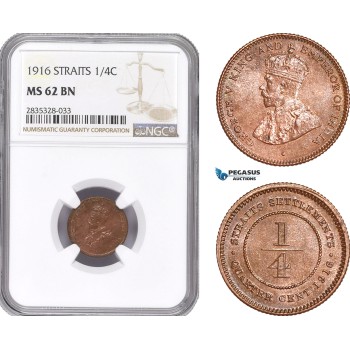 AE182, Straits Settlements, George V, 1/4 Cent 1916, NGC MS62BN