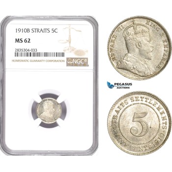 AE183, Straits Settlements, Edward VII, 5 Cents 1910-B, Bombay, Silver, NGC MS62