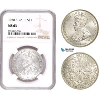 AE184, Straits Settlements, George V, 1 Dollar 1920, Bombay, Silver, NGC MS63