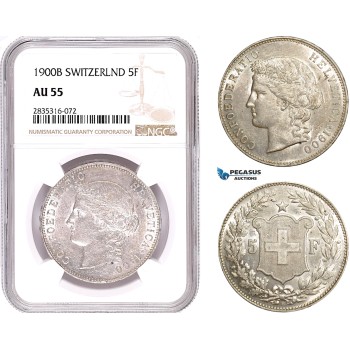 AE186, Switzerland, 5 Francs 1900-B, Bern, Silver, NGC AU55, Rare!