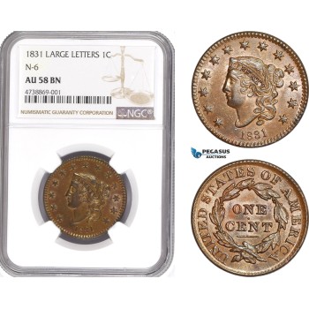 AE191, United States, Coronet Head Cent 1831, Philadelphia, N-6, NGC AU58BN
