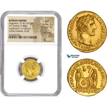 AE201, Roman Empire, Augustus (27 BC-14 AD) AV Aureus (7.80g) Struck 2 BC- 4 AD, Lugdunum, Shield, NGC AU