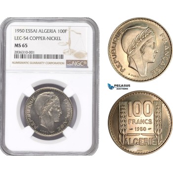 AE202, Algeria, Essai 100 Francs 1950, Paris, Copper-Nickel, Lec-54, NGC MS65, Pop 3/2