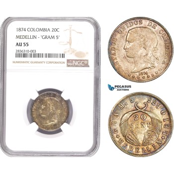 AE206, Colombia, 20 Centavos 1874, Medellin, Silver, NGC AU55, Pop 1/1