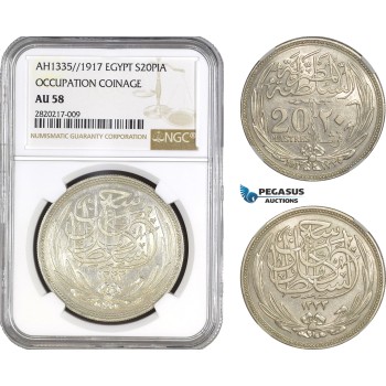 AE208, Egypt (Occupation Coinage) 20 Piastres AH1335 (1917) Silver, NGC AU58