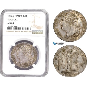 AE211, France, Louis XVI, 1/2 Ecu 1792-A, Paris, Silver, NGC MS63, Pop 1/1