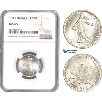 AE215, France, Third Republic, Franc 1915, Paris, Silver, NGC MS65