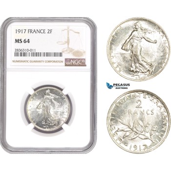 AE216, France, Third Republic, 2 Francs 1917, Paris, Silver, NGC MS64