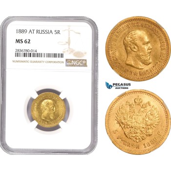 AE227, Russia, Alexander III, 5 Roubles 1889 АГ, St. Petersburg, Gold, NGC MS62