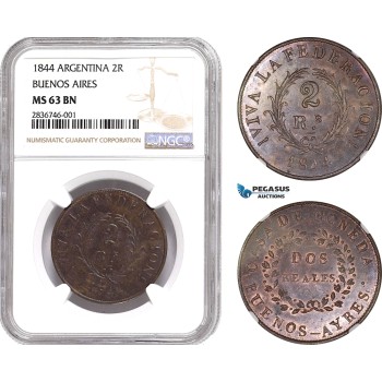 AE235, Argentina, Buenos Aires, 2 Reales 1844, NGC MS63BN, Pop 1/0