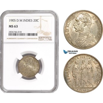AE244, Danish West Indies, Christian IX, 1 Franc - 20 Cents 1905, Copenhagen, Silver, NGC MS63