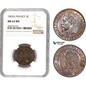 AE251, France, Napoleon III, 5 Centimes 1865-A, Paris, NGC MS63BN